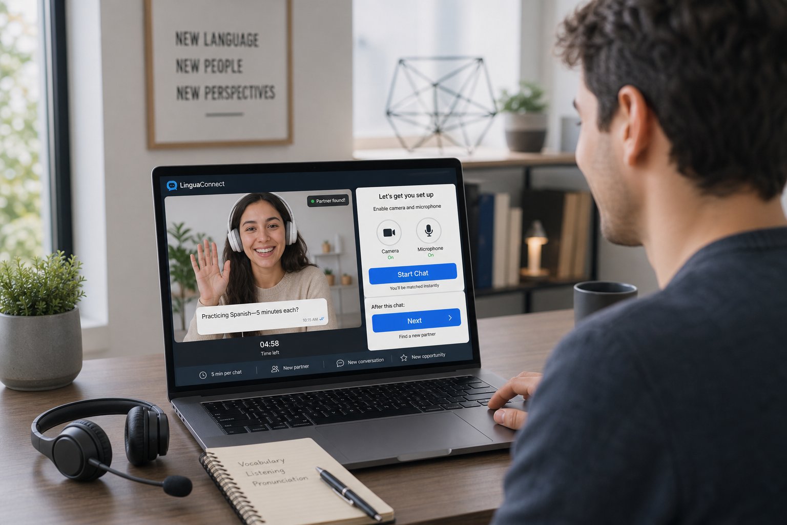 Professional using laptop video chat with camera permissions and a visible Next button.