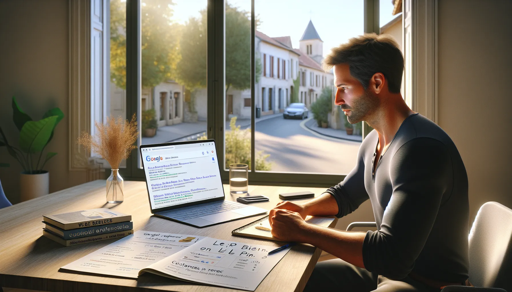 French business owner studying Google local search results for Le Pin on a laptop.