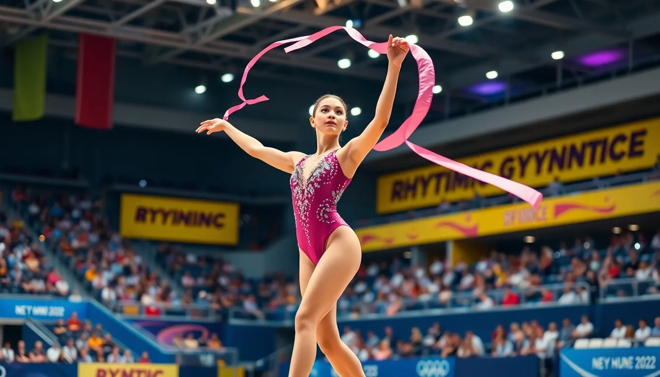 female gymnast performing with a ribbon in a lively sports arena.