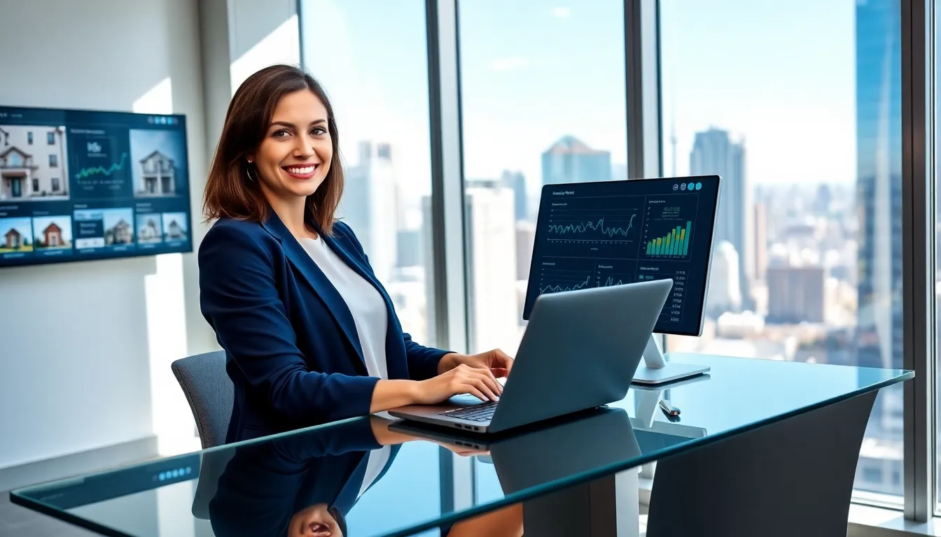 a young woman using a laptop in a modern office, exploring real estate options.