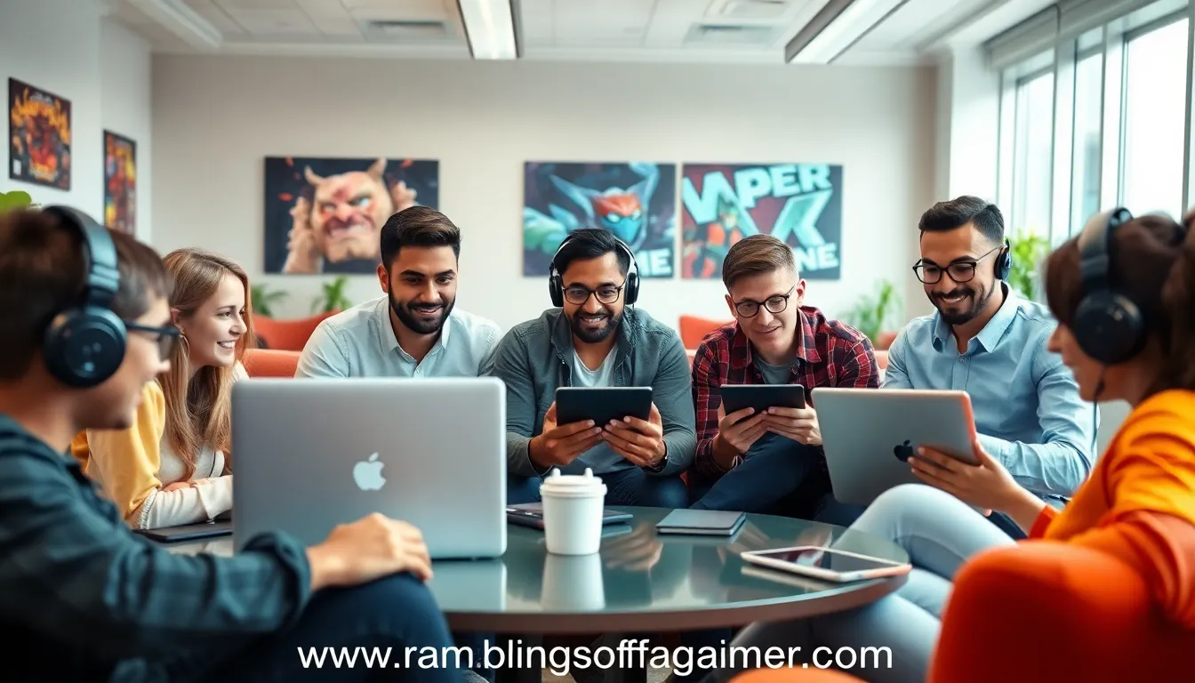 diverse gamers collaborating in a modern office setting.