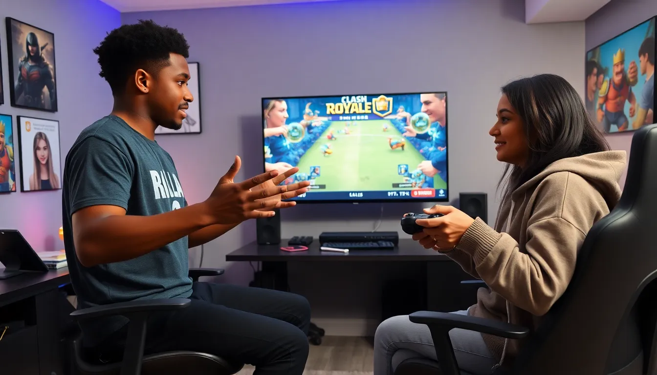 diverse gamers strategizing in a modern gaming room.