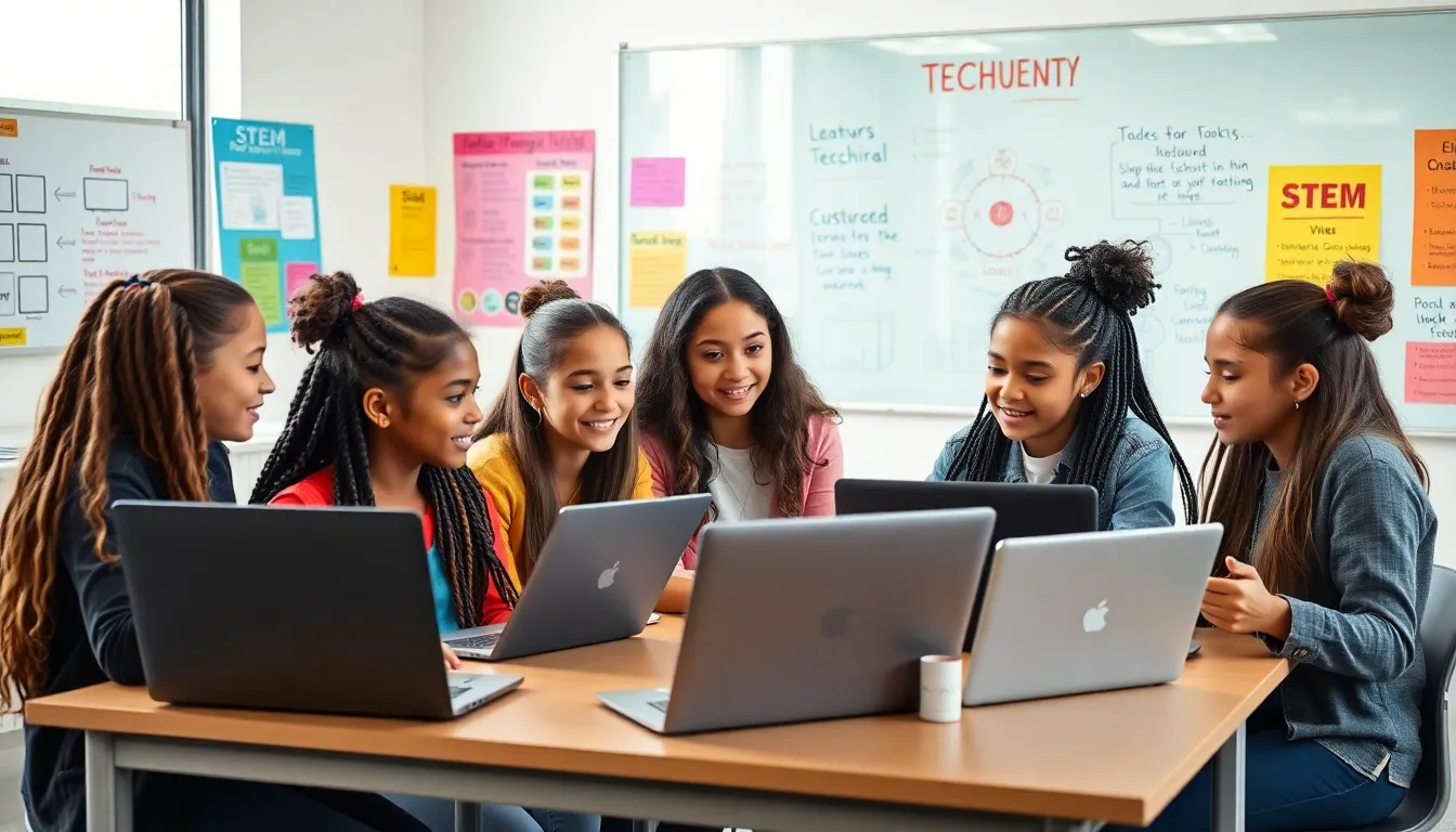 diverse girls collaborating on technology projects in a modern classroom.