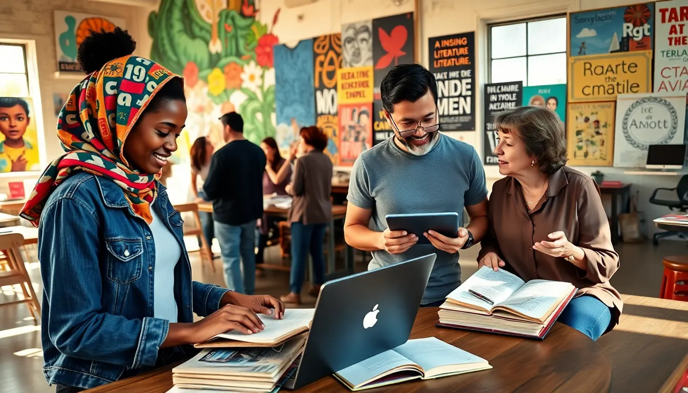 A diverse group of individuals engaging in creative work in a bright co-working space.