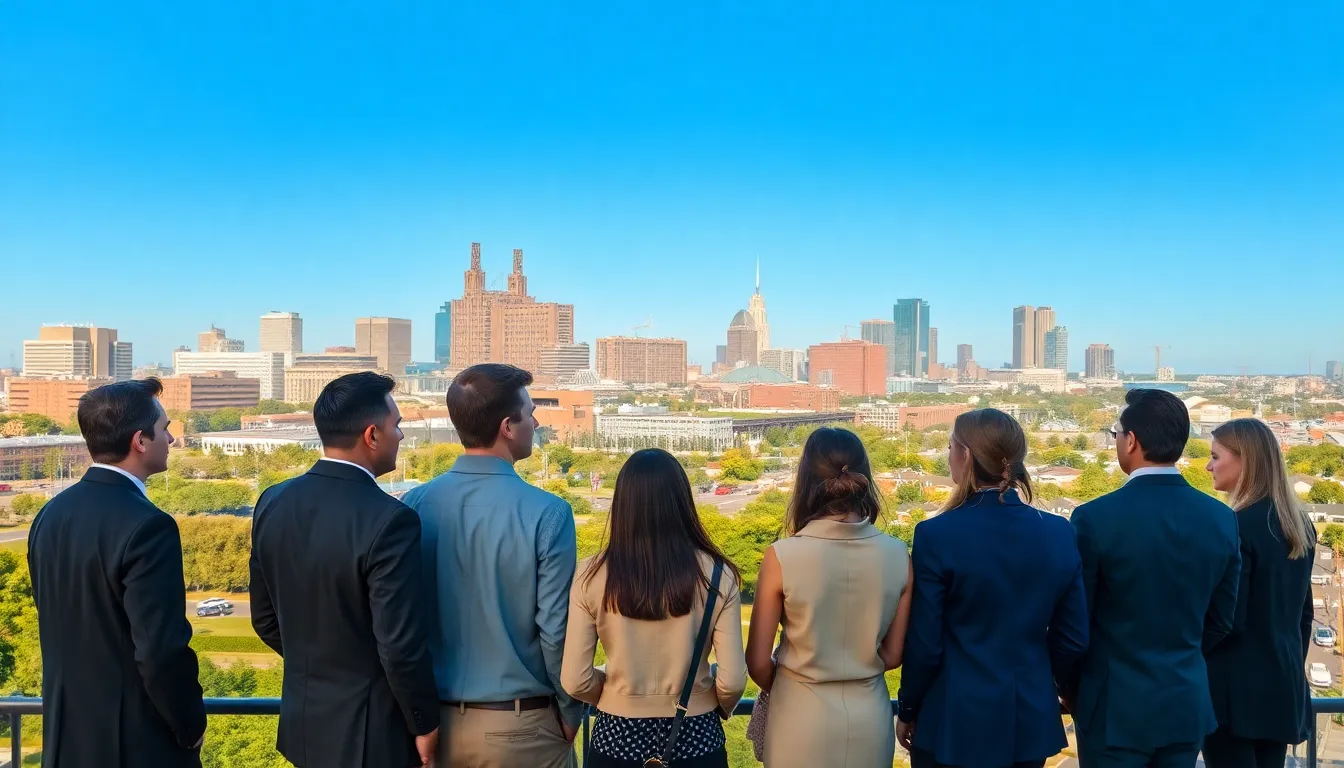 diverse professionals discussing in front of Newport News skyline.