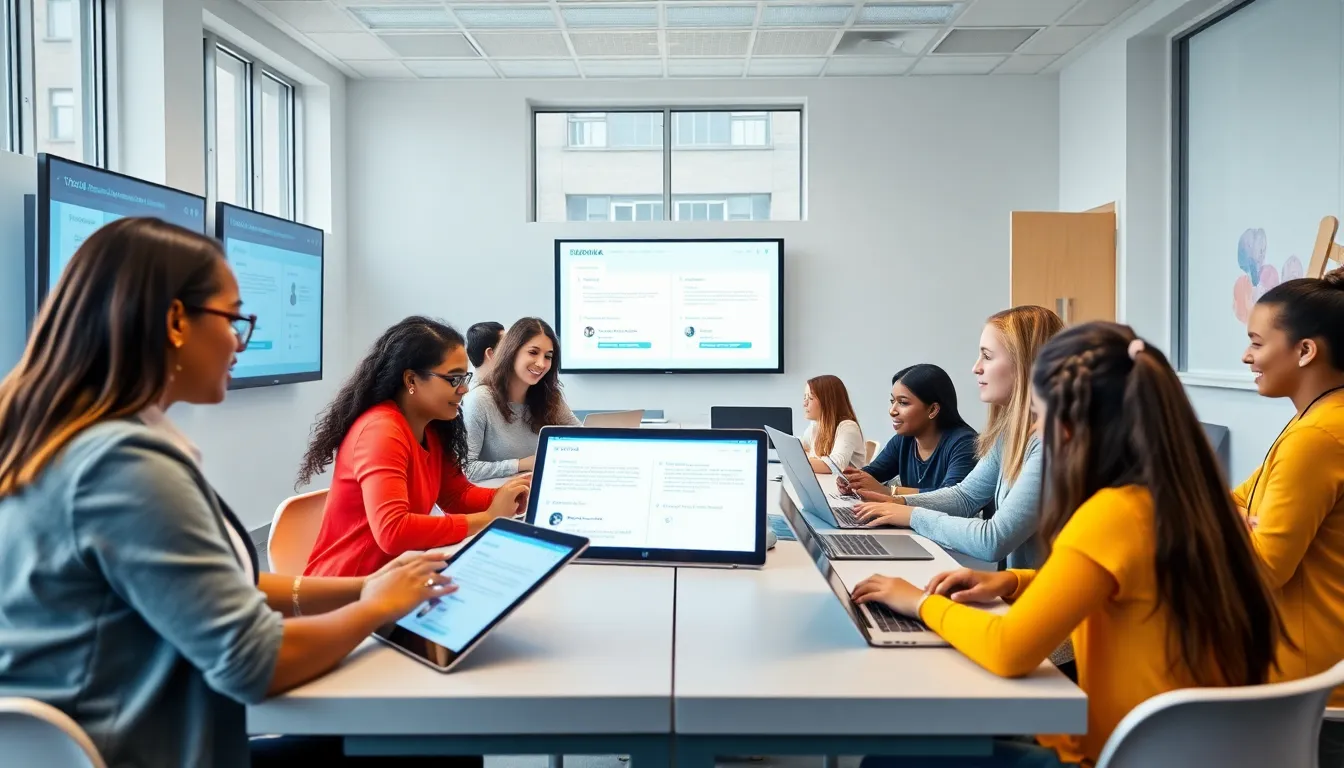 teachers and students using digital assessment tools in a modern classroom.