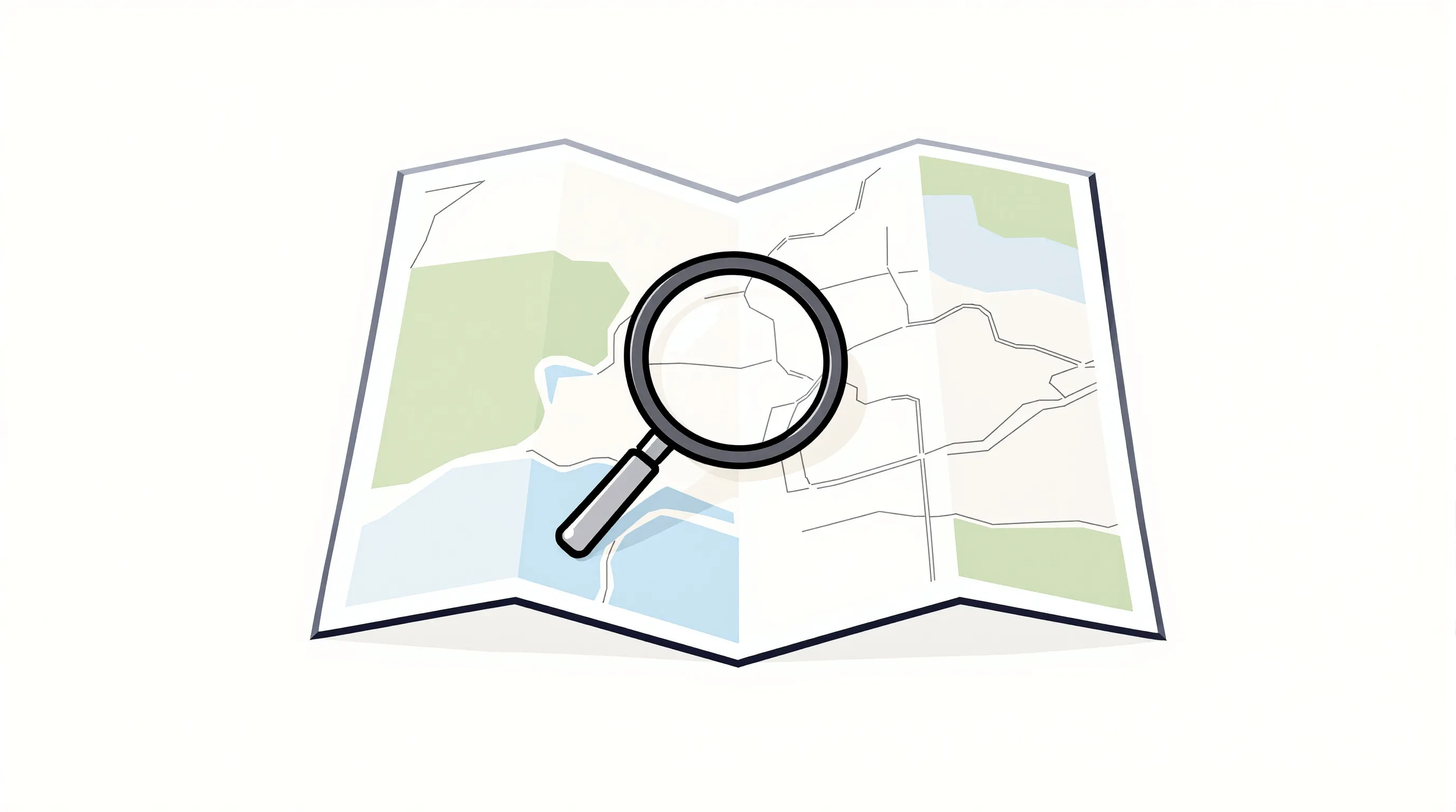 Minimalist map icon with magnifying glass symbolizing local zoning and spatial planning review.