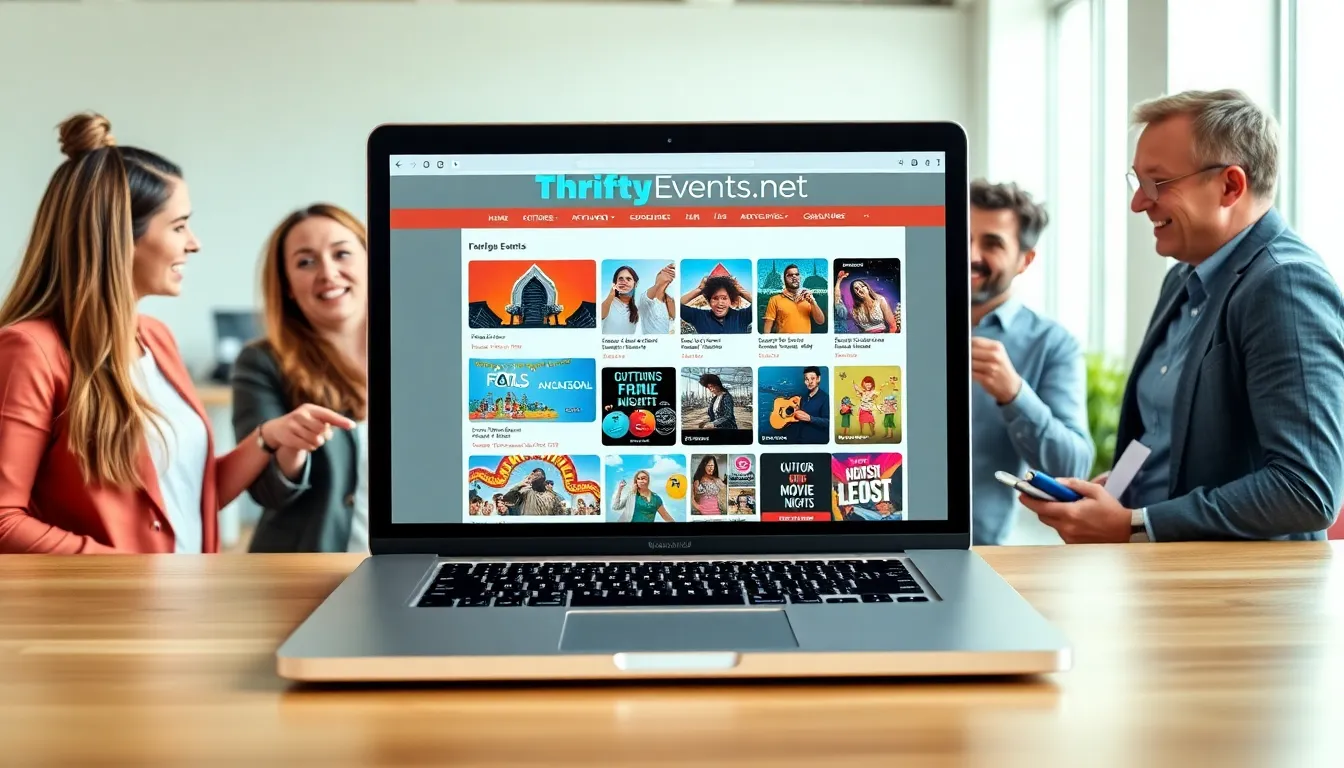diverse team engaging with an event listing website in a modern office.