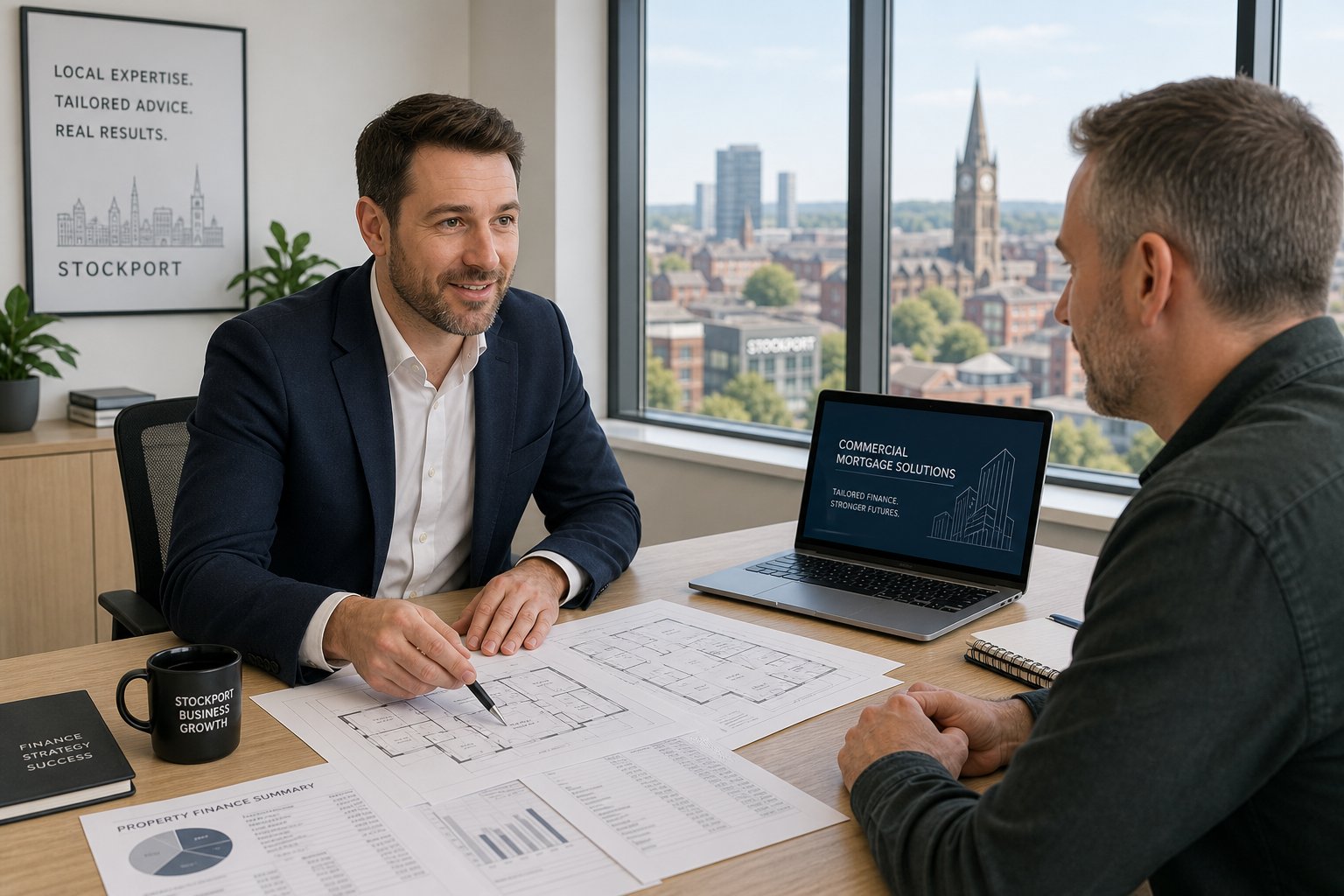 Commercial Mortgage Broker Stockport - Purchase and Refi 7 Commercial mortgage advisor meeting a business owner in a bright office reviewing property documents and a laptop.