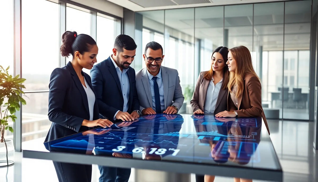 diverse team collaborating on technology in a modern office.