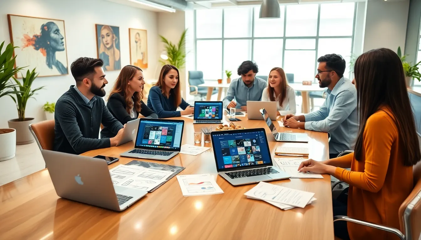 diverse developers collaborating on mobile app projects in a modern office.