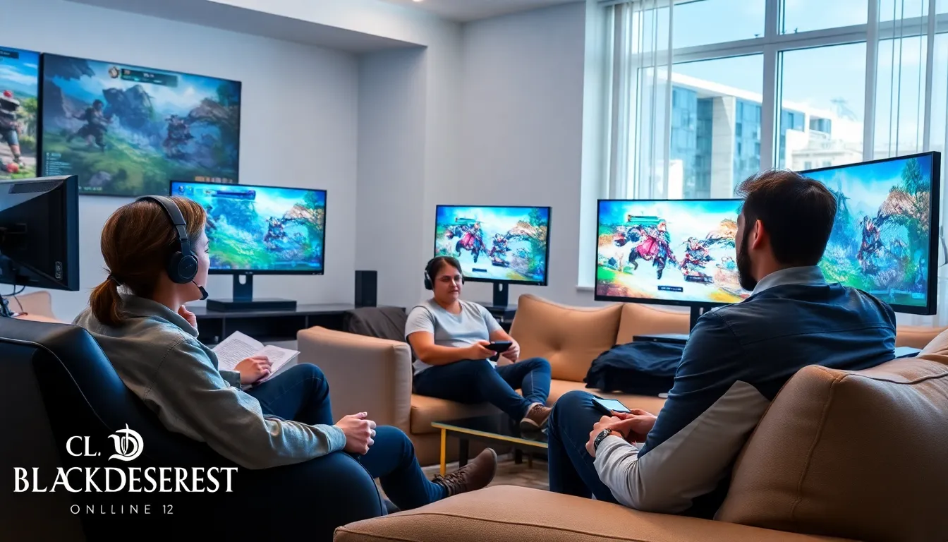 diverse gamers playing Black Desert Online in a modern living room.