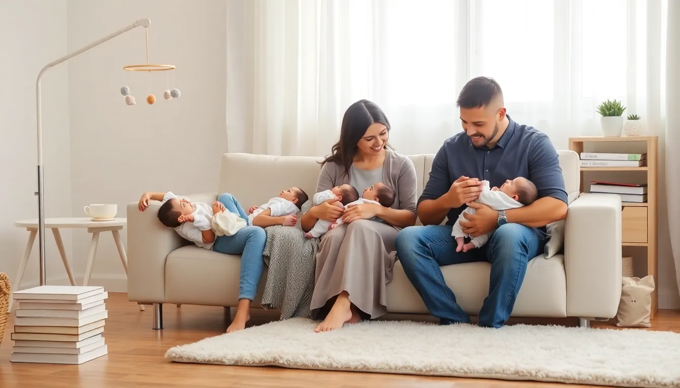 diverse parents engaging with their newborns in a modern nursery.