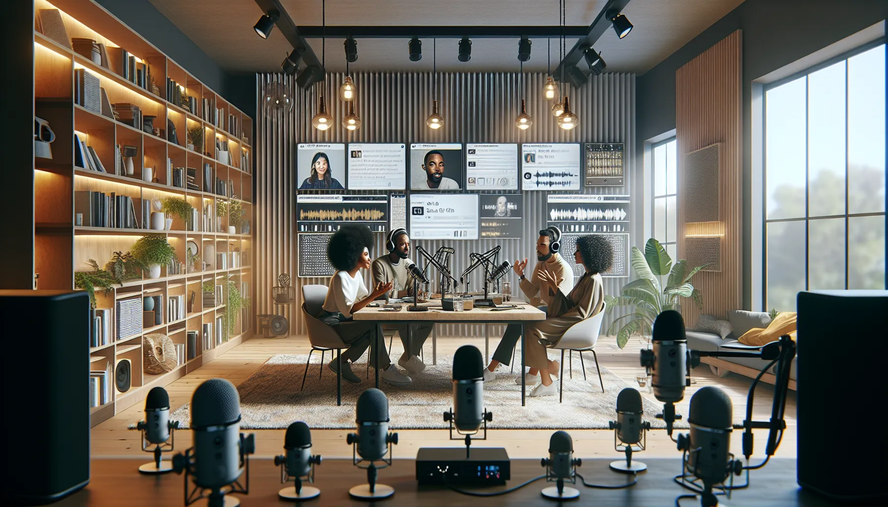 diverse podcast hosts discussing future topics in a modern studio.