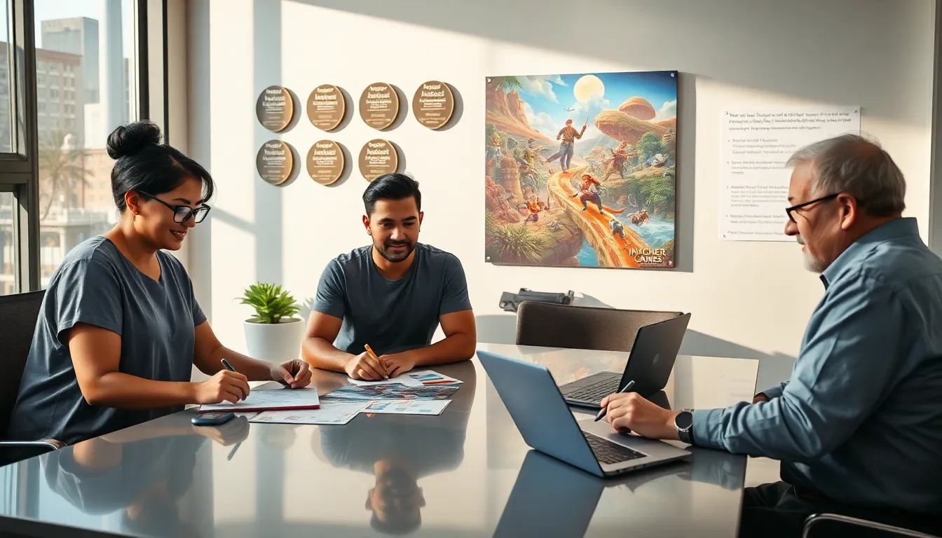 game designers collaborating in a modern office setting.