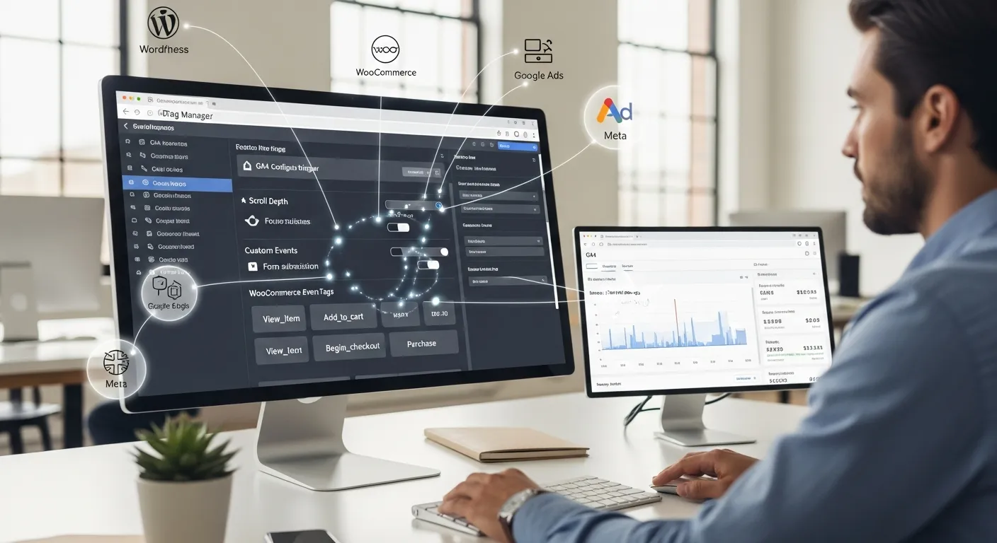 Marketer configuring Google Tag Manager for a WordPress site in a modern office.
