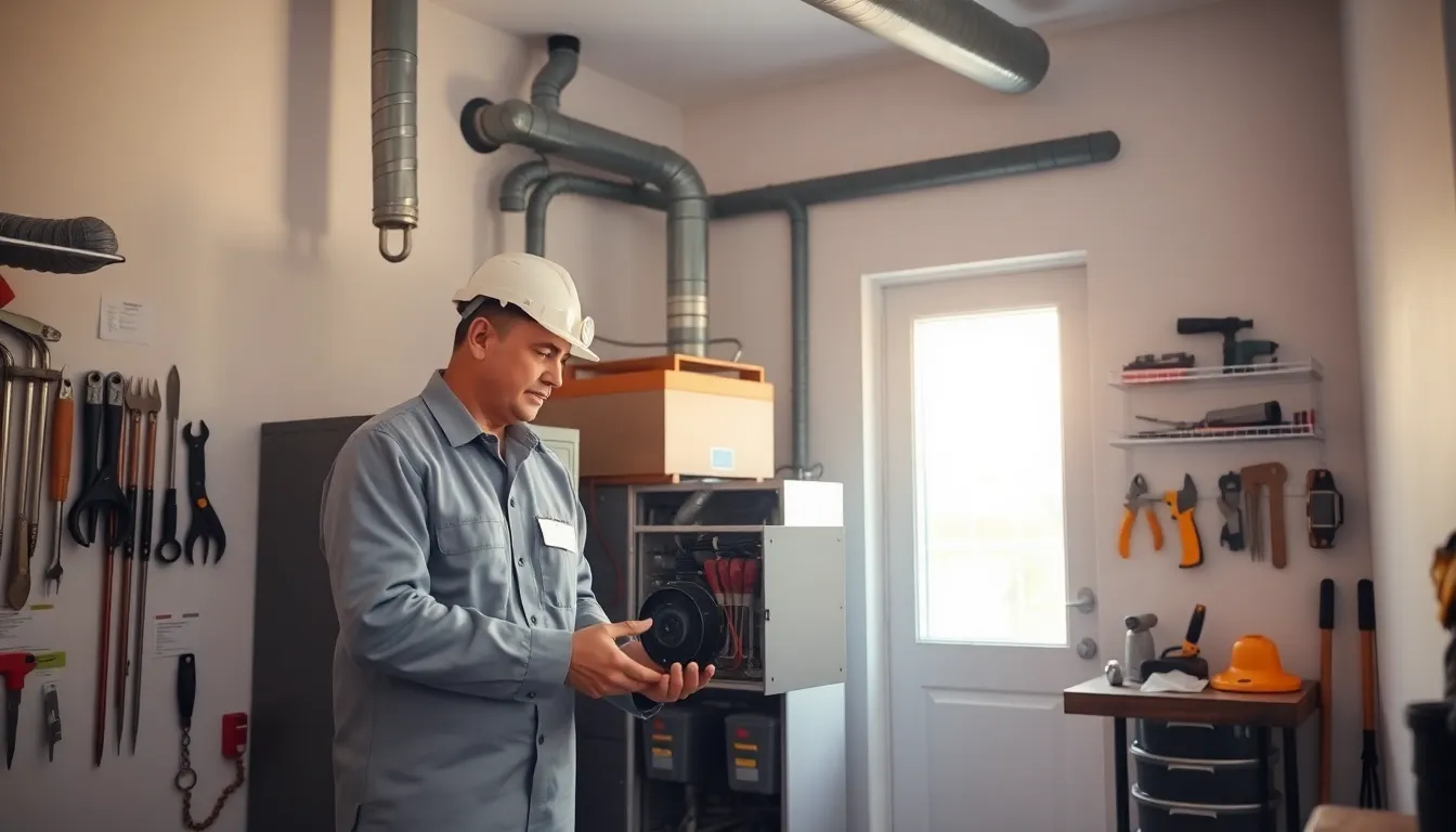 technician inspecting a home furnace in a modern utility room.