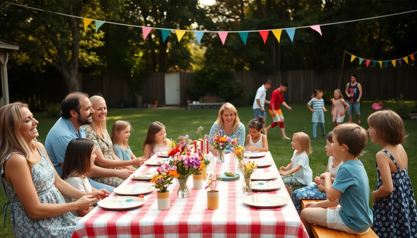 diverse group enjoying a thrifty birthday party outdoors.