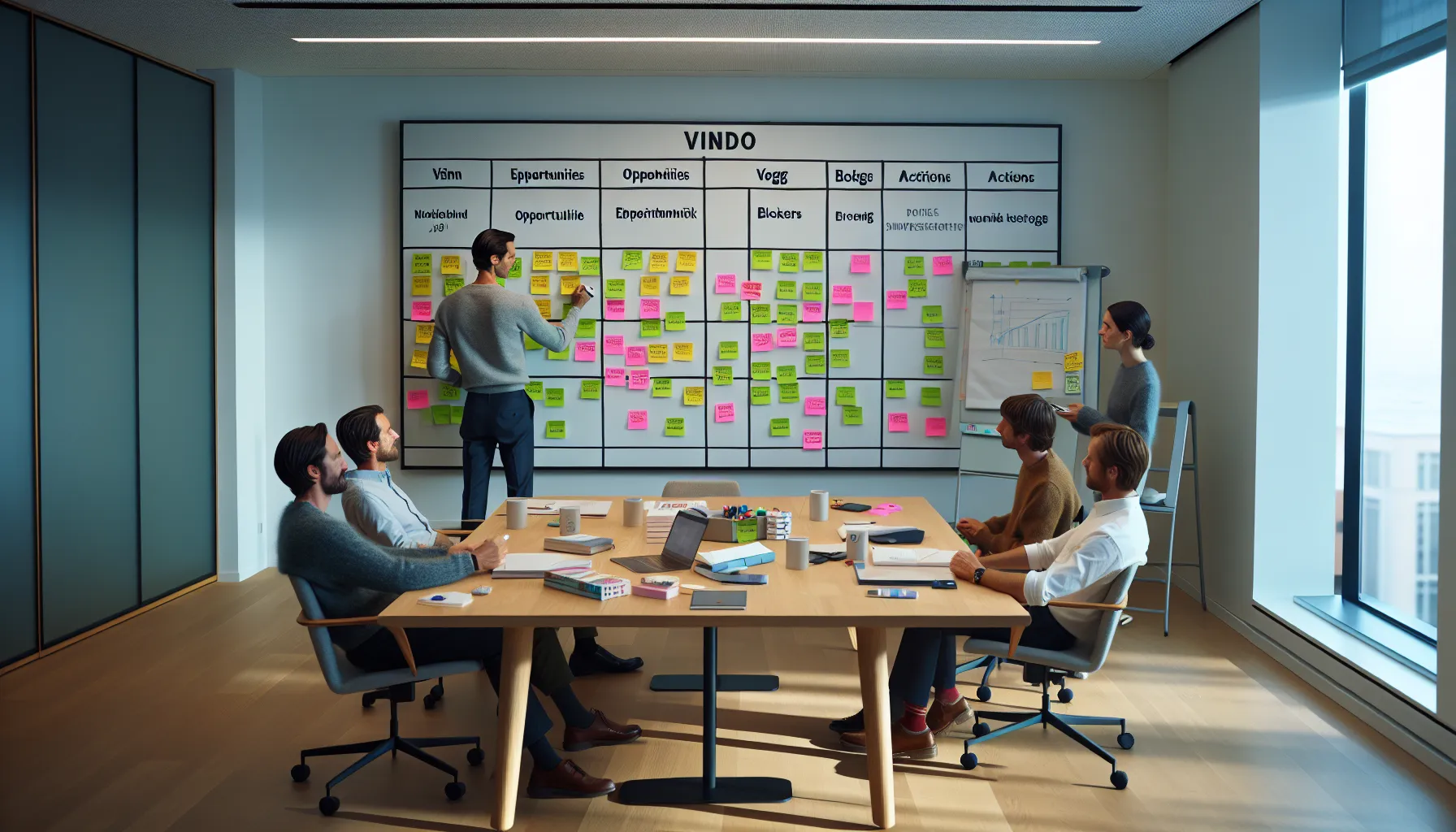 Small norwegian team kickoff using vindu vegg bro on a whiteboard.