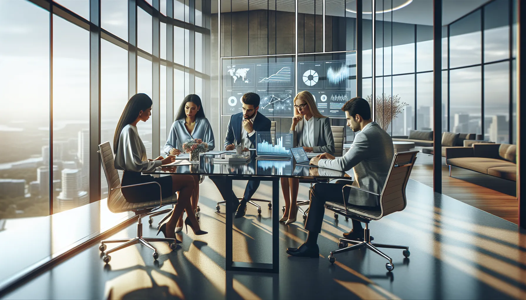 diverse professionals collaborating over digital data in a modern office.