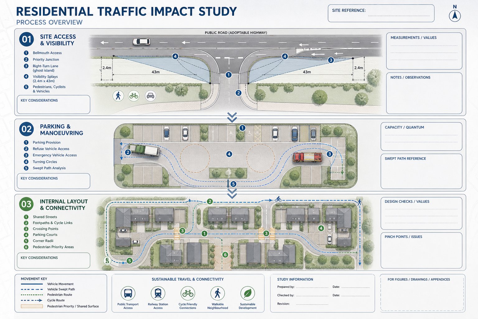 Infographic of site access, parking and internal layout for a housing development.