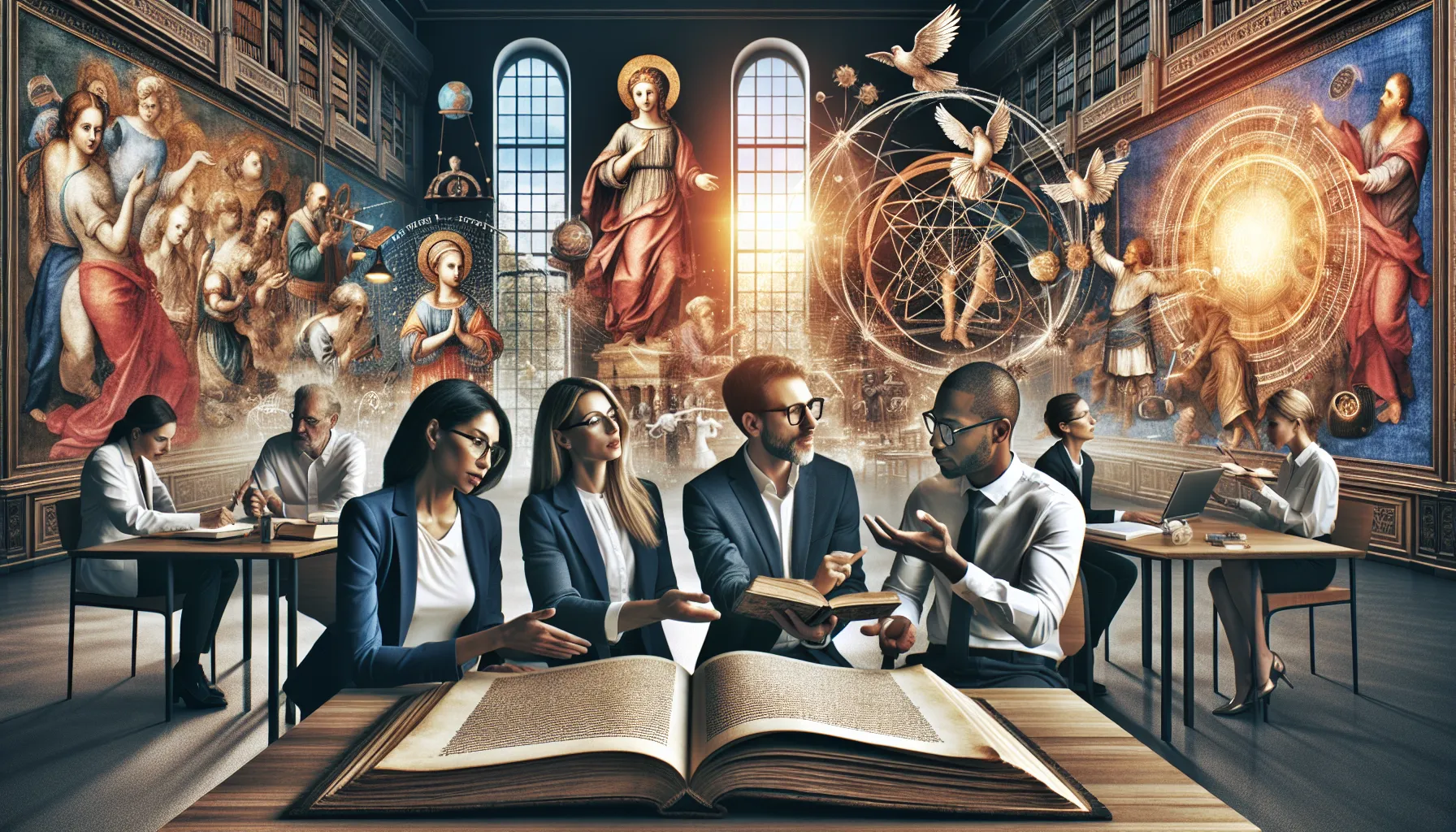 diverse professionals discussing ancient texts in a modern classroom.