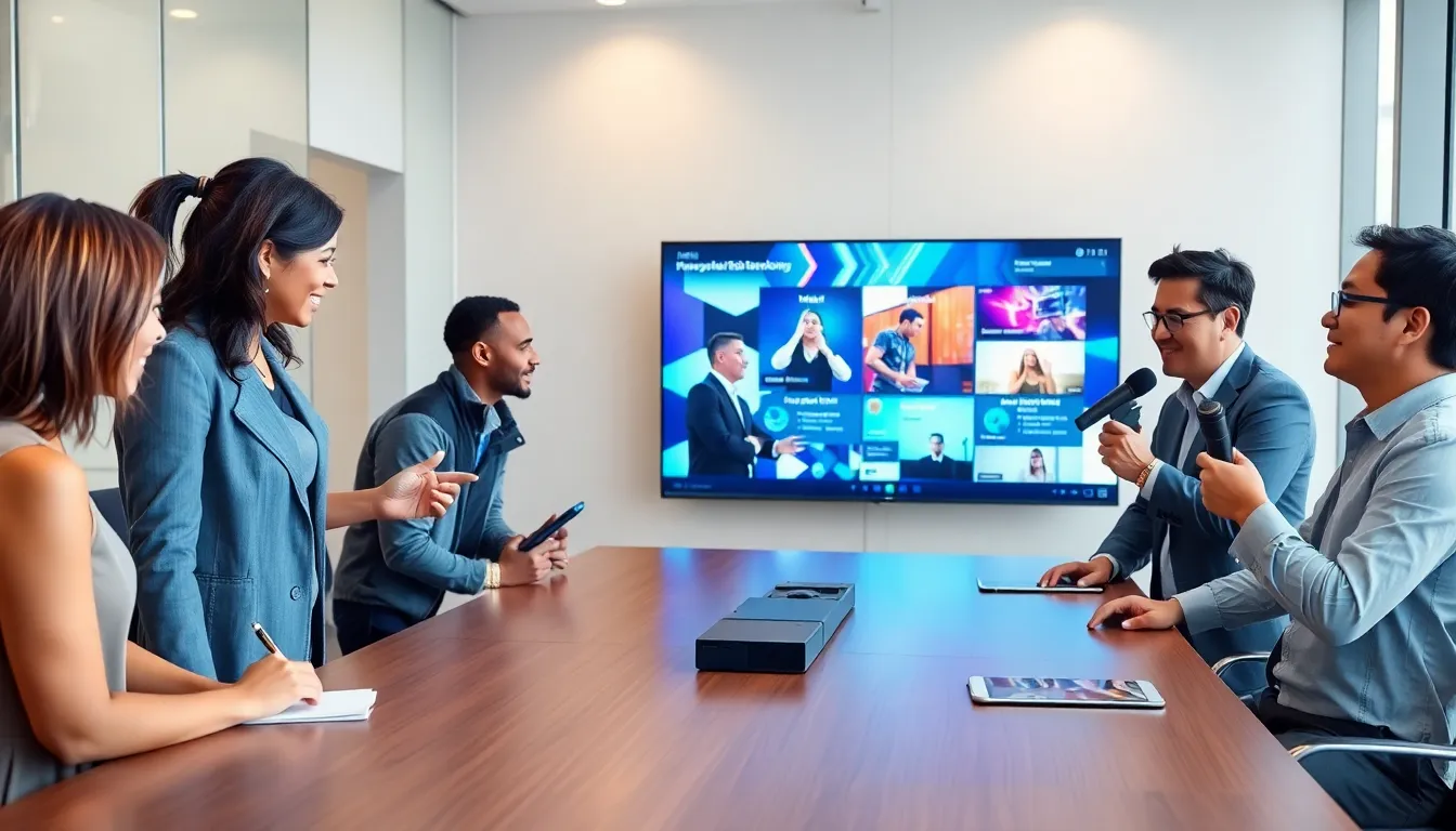 diverse team collaborating using audio video technology in a modern office.