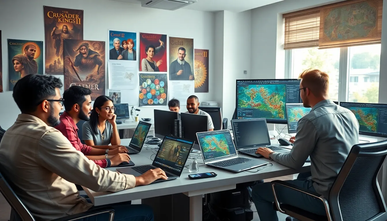 diverse gaming team collaborating on Crusader Kings II mods.