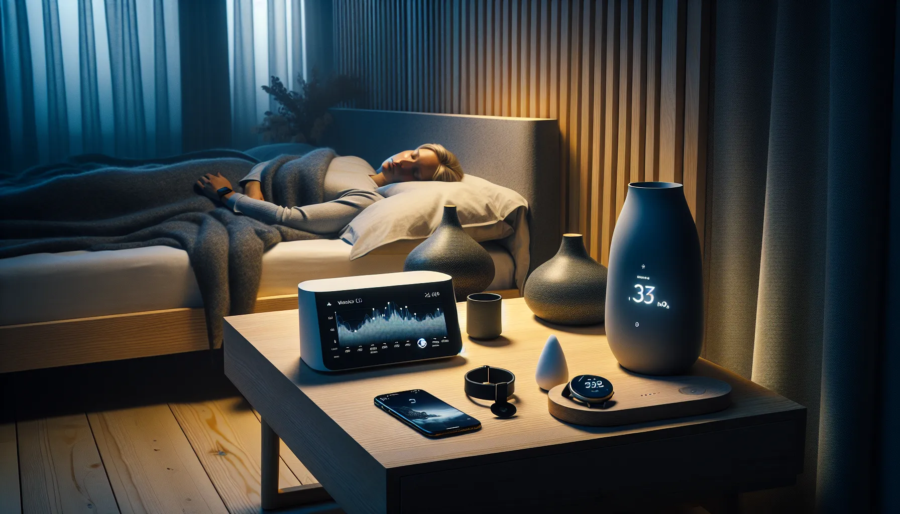 Contactless sleep monitor and wearables on a nightstand in a norwegian bedroom.