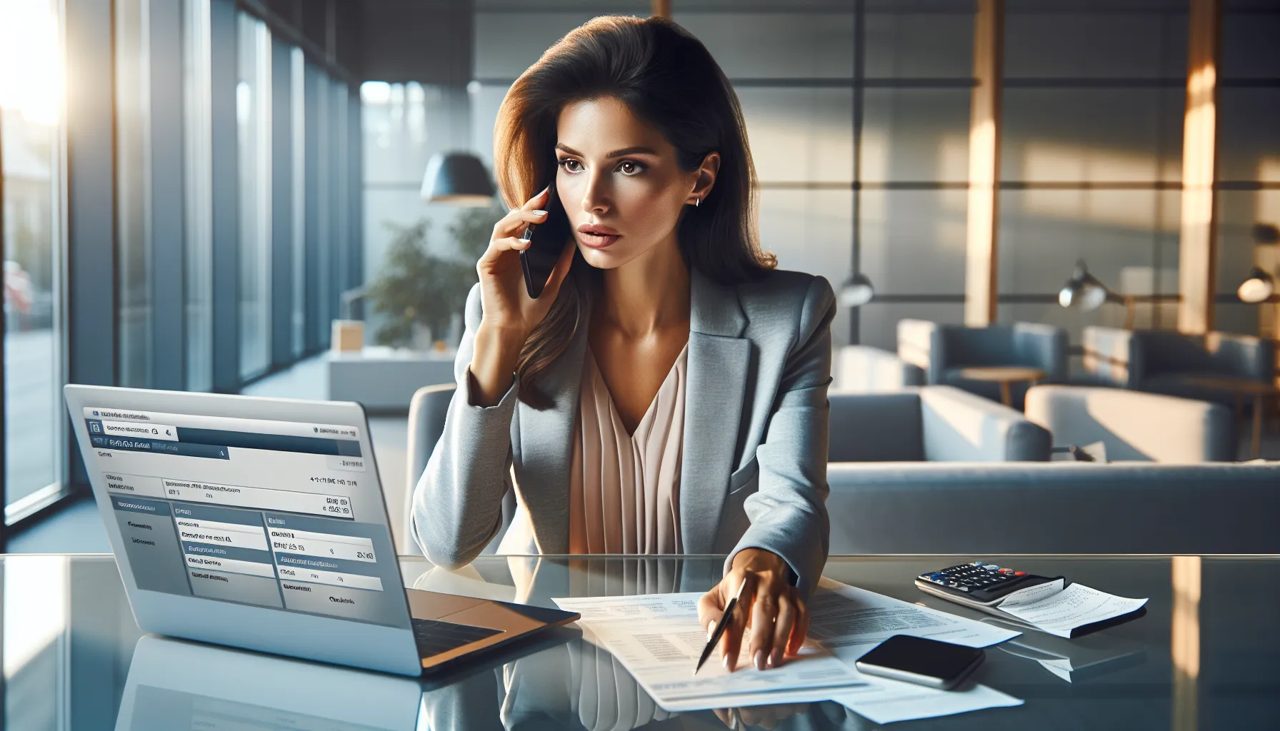 Professional woman calling bank on phone with laptop showing banking transactions