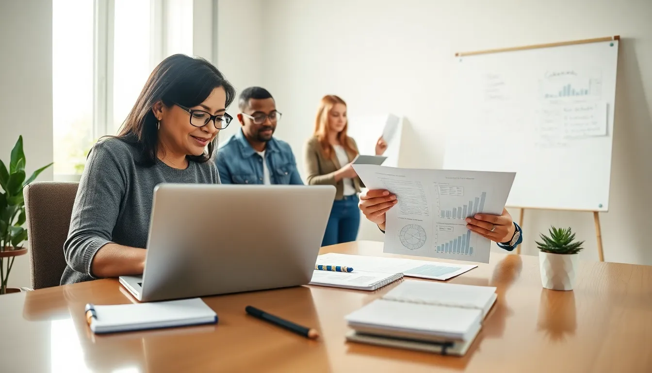 diverse professionals in a modern home office working on side hustle ideas.