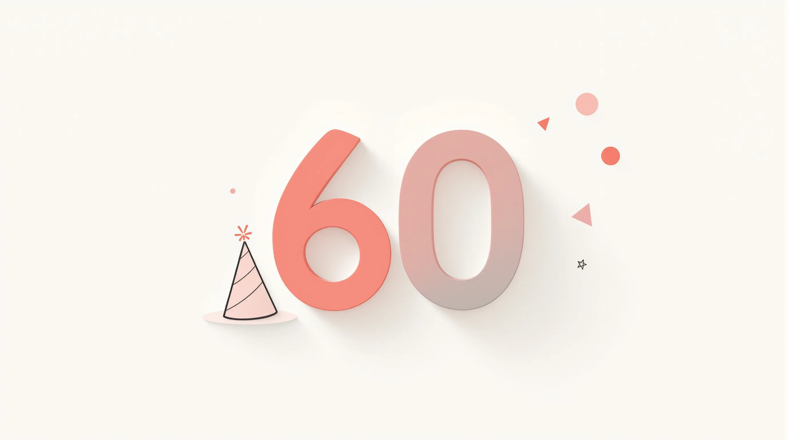 Large number 60 with minimalist party hat and confetti on white background.