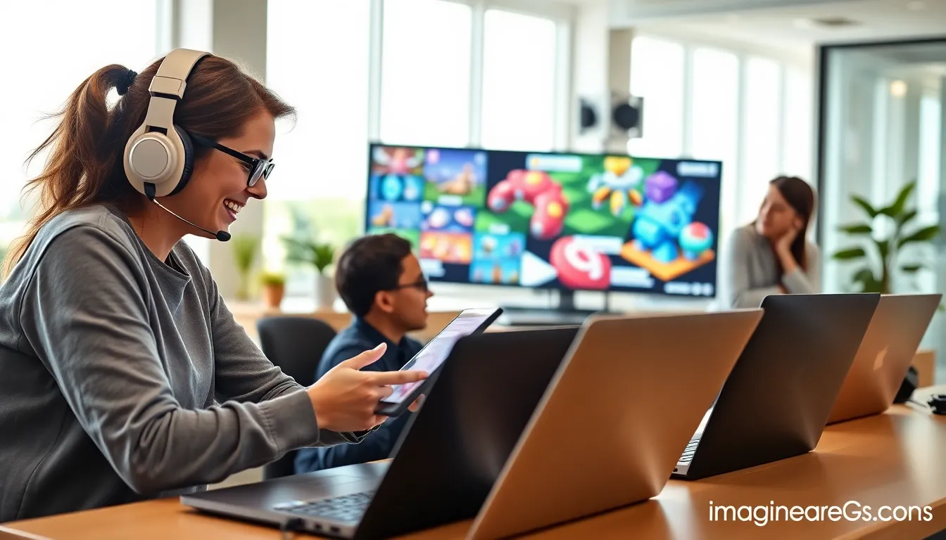 diverse team collaborating on gaming projects in a modern office.