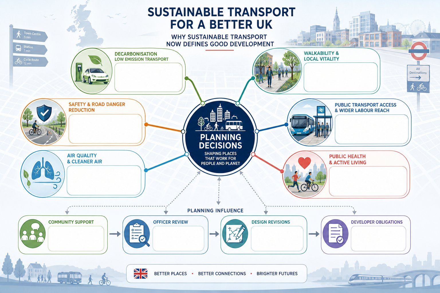 Infographic showing why sustainable transport shapes planning decisions in the UK.
