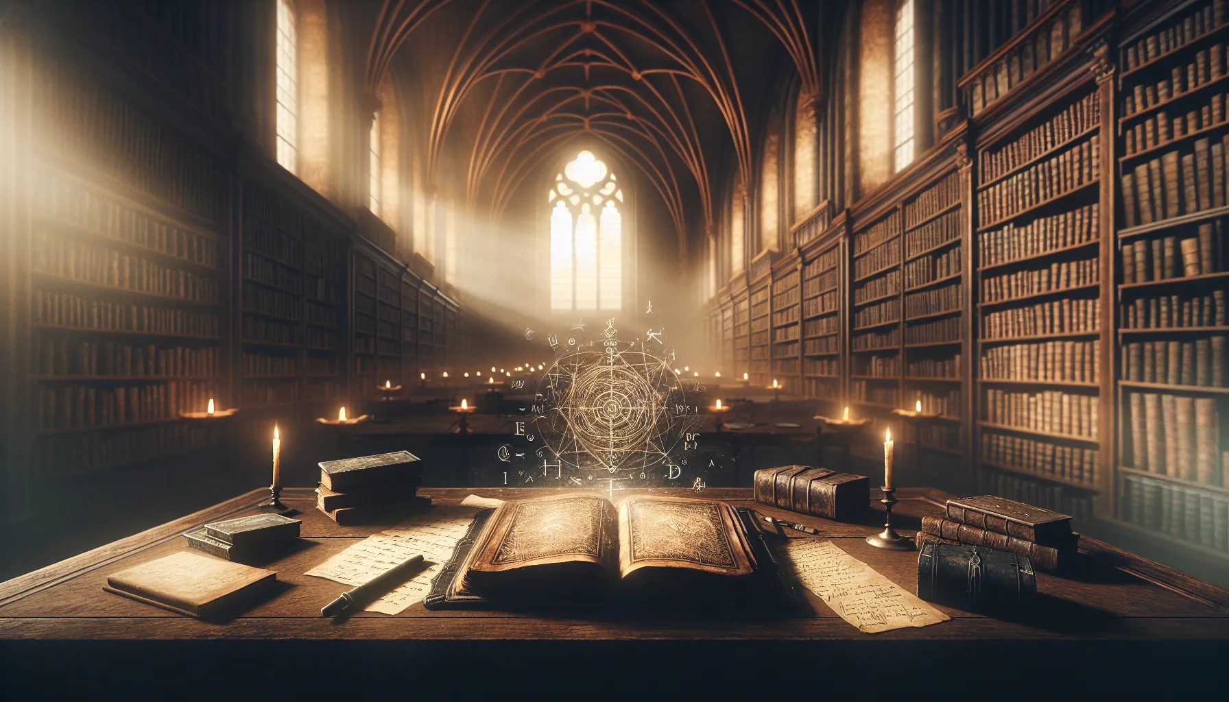 An open book on a wooden table in a warmly lit library.