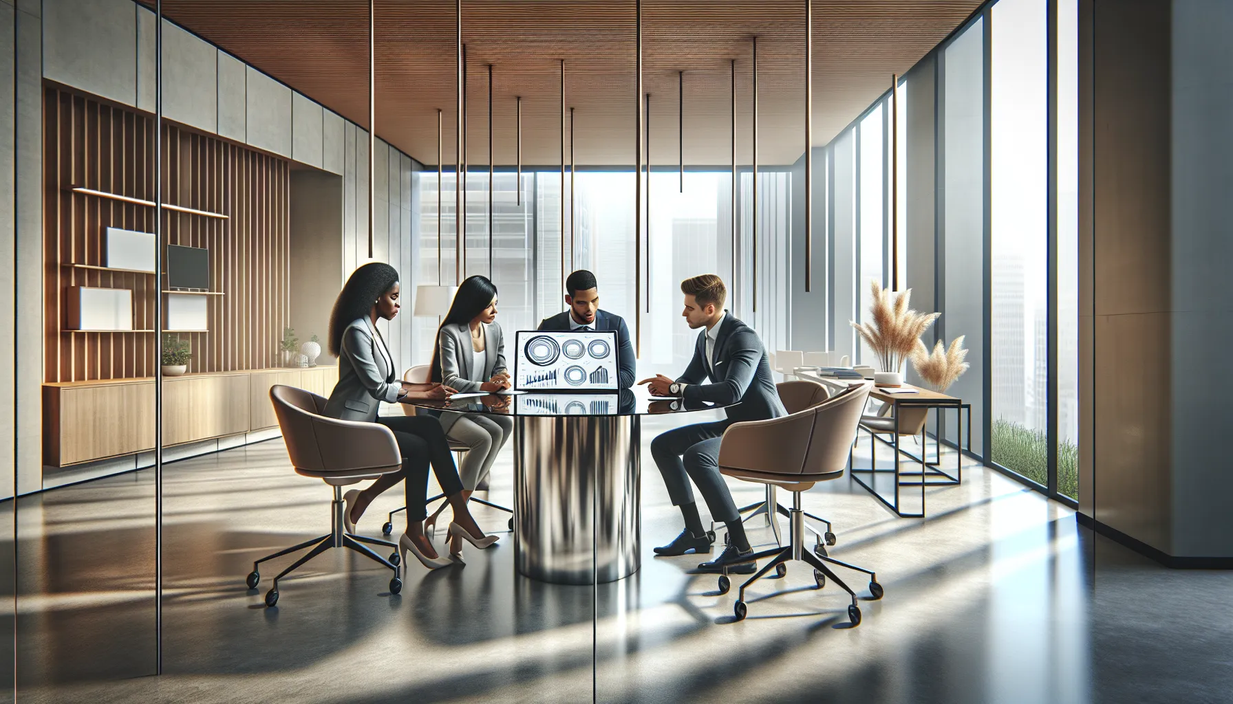 Diverse professionals discussing phone number formats in a modern office.