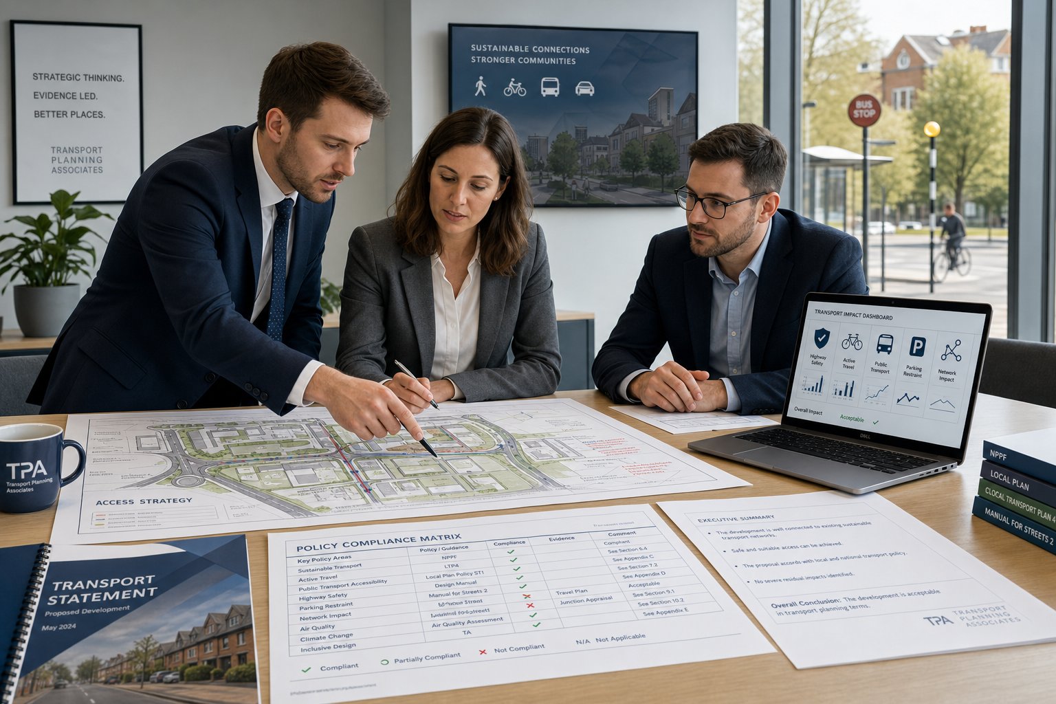 Transport consultants reviewing site plans and policy documents in a modern office.