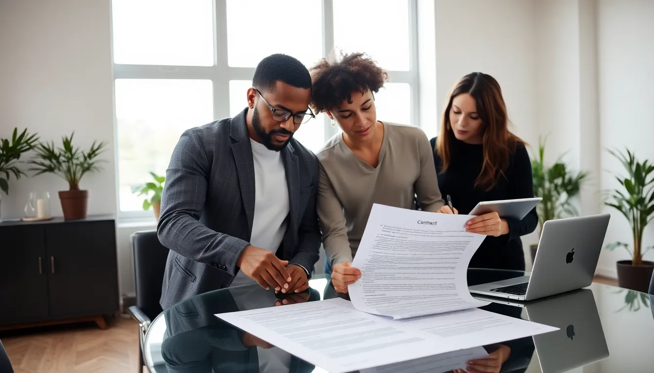 diverse team discussing an interior design contract in a modern office.