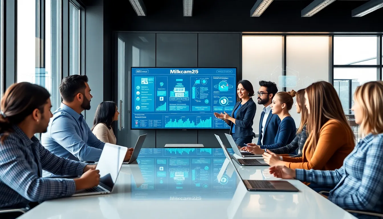 diverse team collaborating on technology presentation in a modern office.