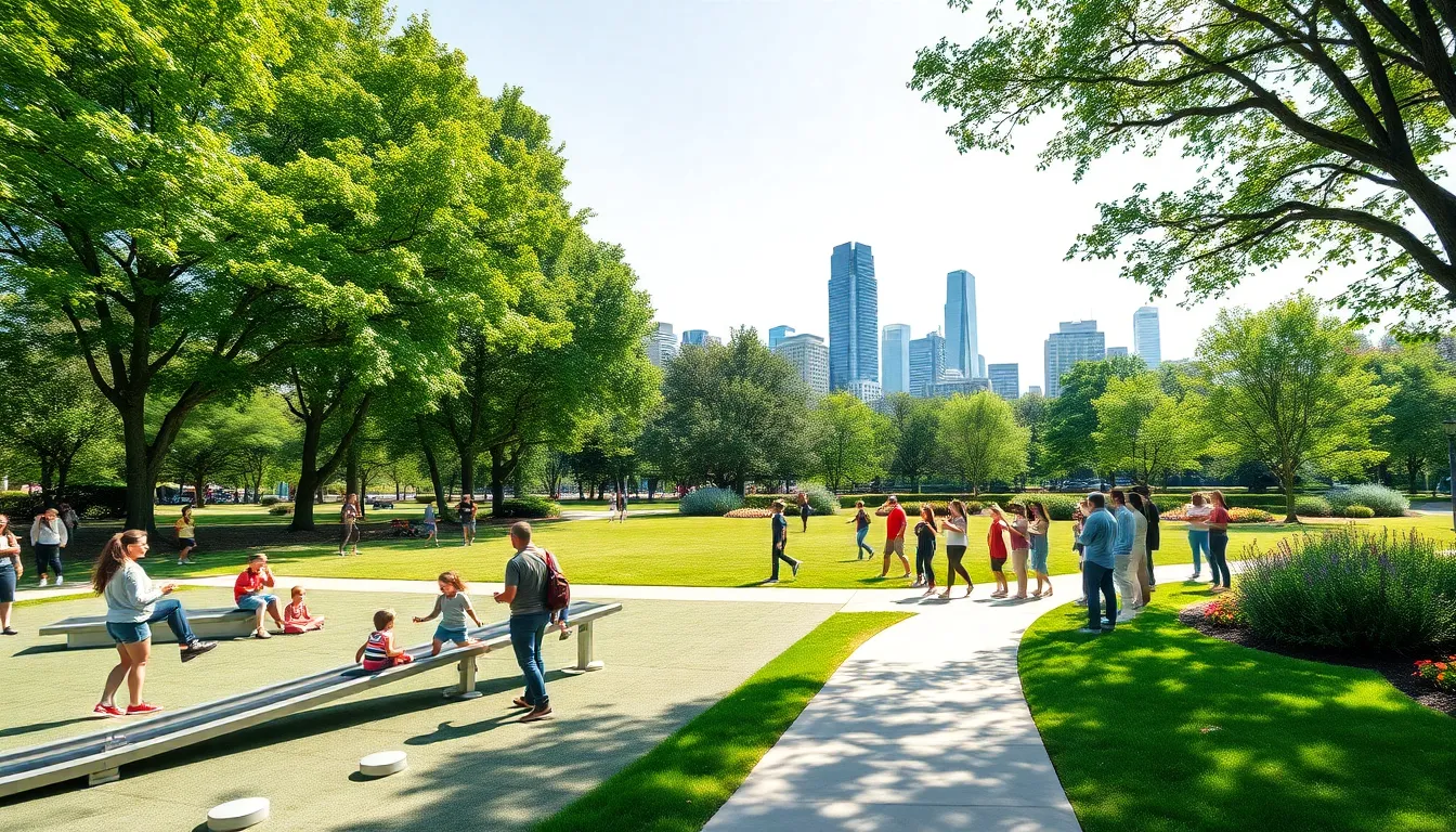diverse community enjoying an urban park with green spaces.