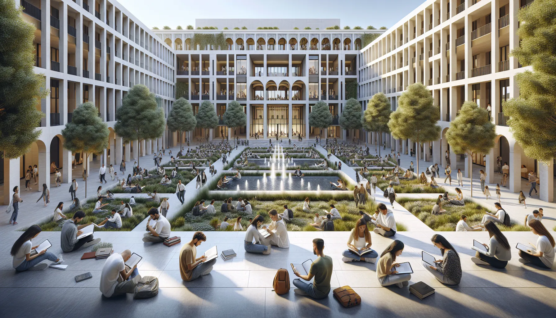 Students studying in a modern Spanish university campus courtyard.