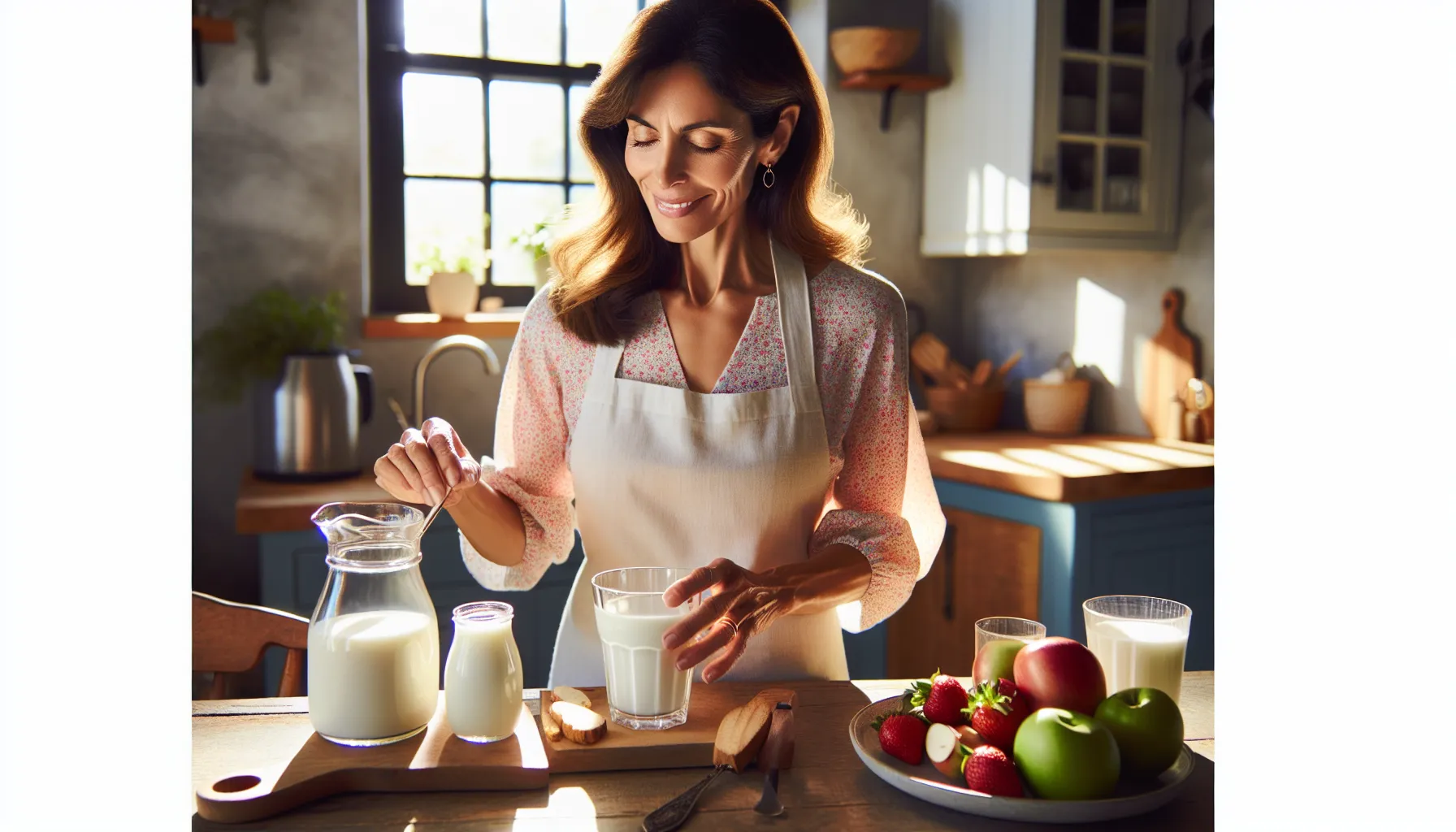 A woman pouring goat milk in a sunny kitchen with cow milk and fruits.