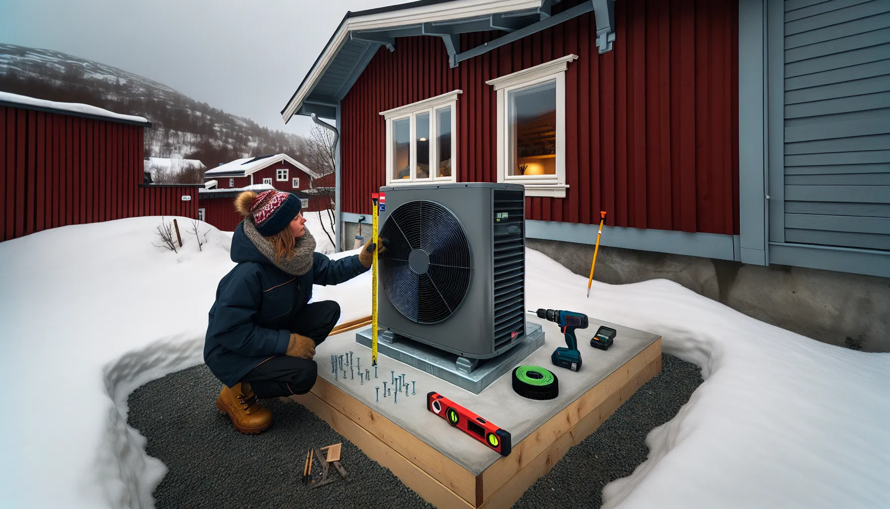 Homeowner measuring clearances for a slatted heat pump enclosure in winter.