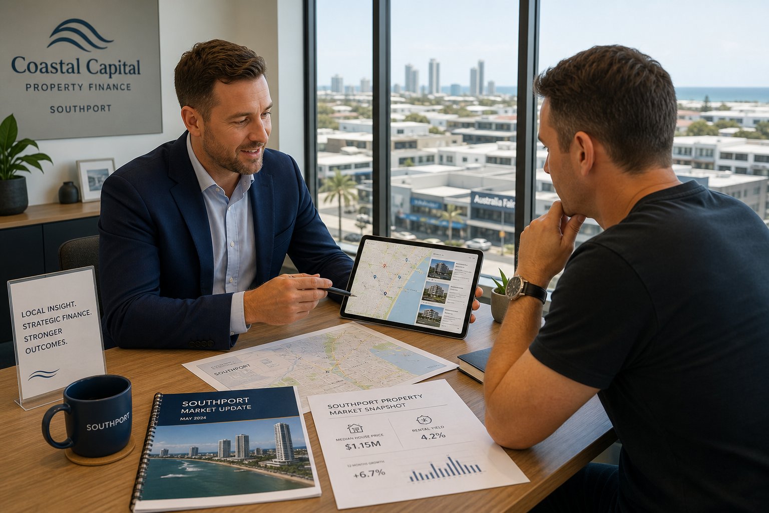 Investor and adviser discussing Southport property market information in a bright office with local views.