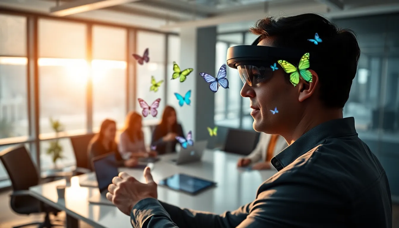 professional using a mixed reality headset in a modern office.