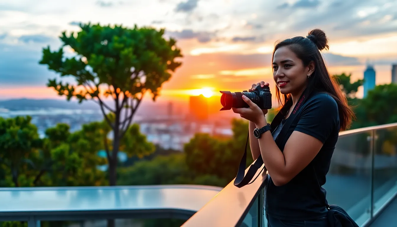 Photographer capturing a city skyline at sunset during golden hour.
