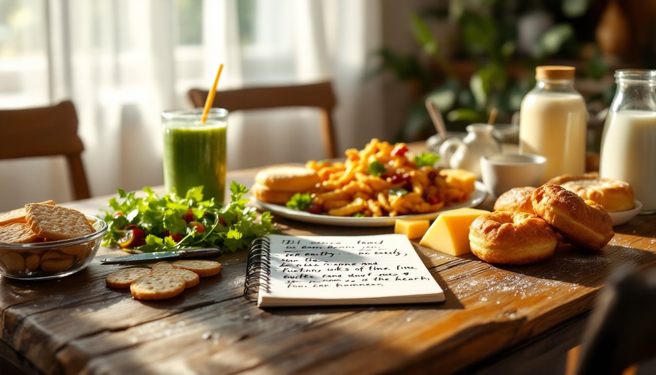 Contrasting dry and heavy foods on a kitchen table with a journal notebook.