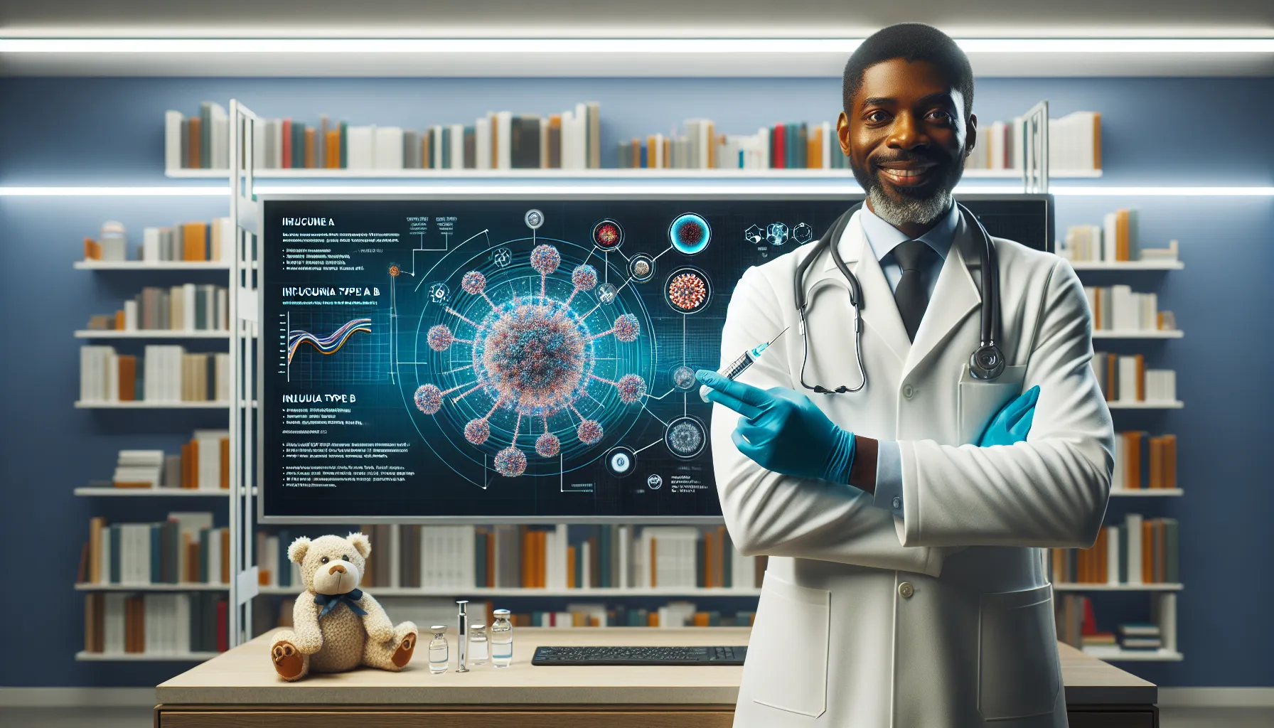 A doctor explaining Influenza Types A and B in a medical office.