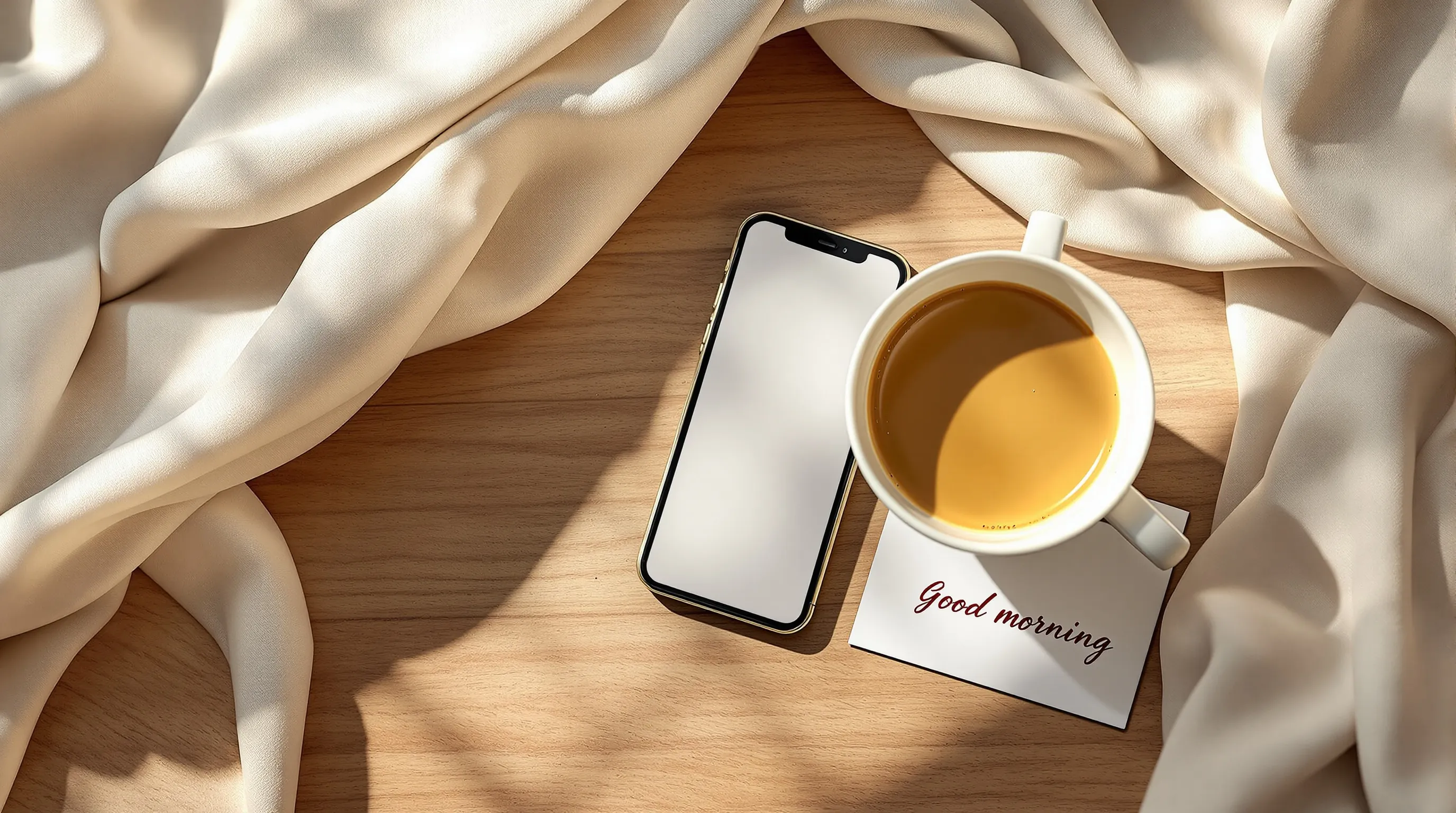 Coffee cup with smartphone showing morning message and romantic note on table