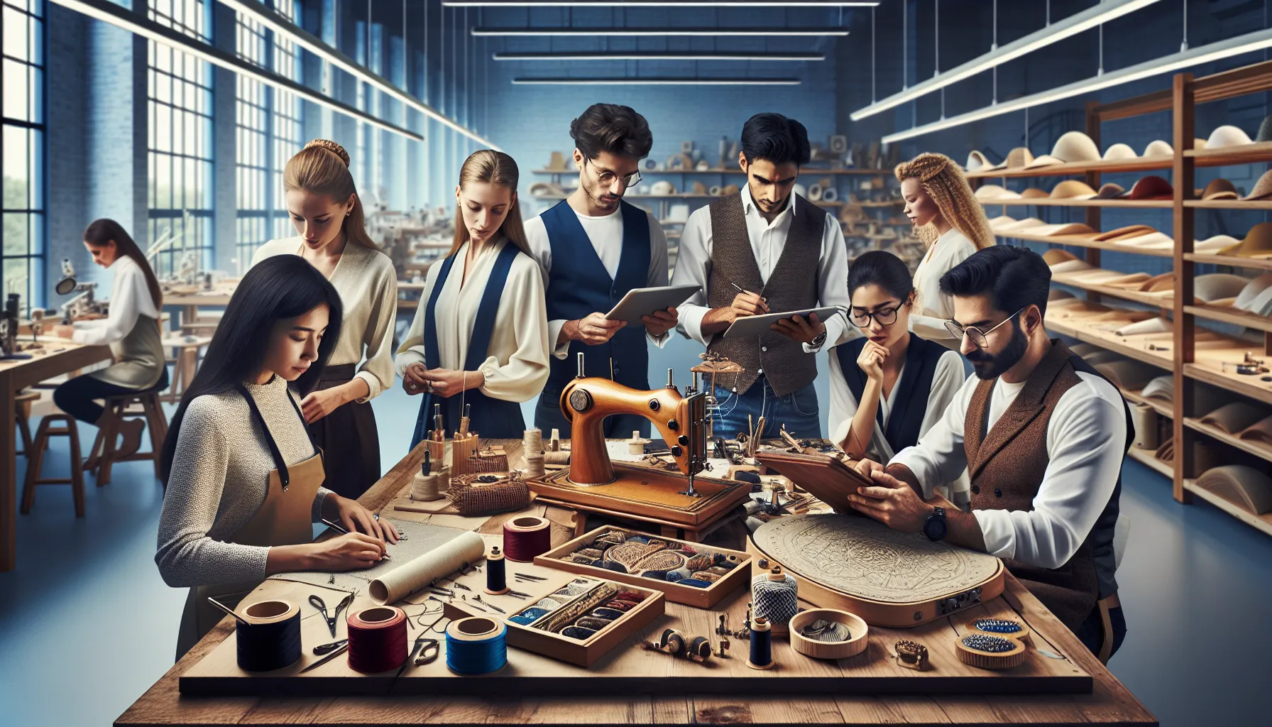 artisans collaborating on csavchels in a bright workshop.